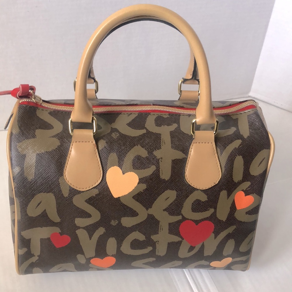 Victoria's Secret Brown Graffiti Heart Satchel with Red and Orange Accents - Picture 2 of 16